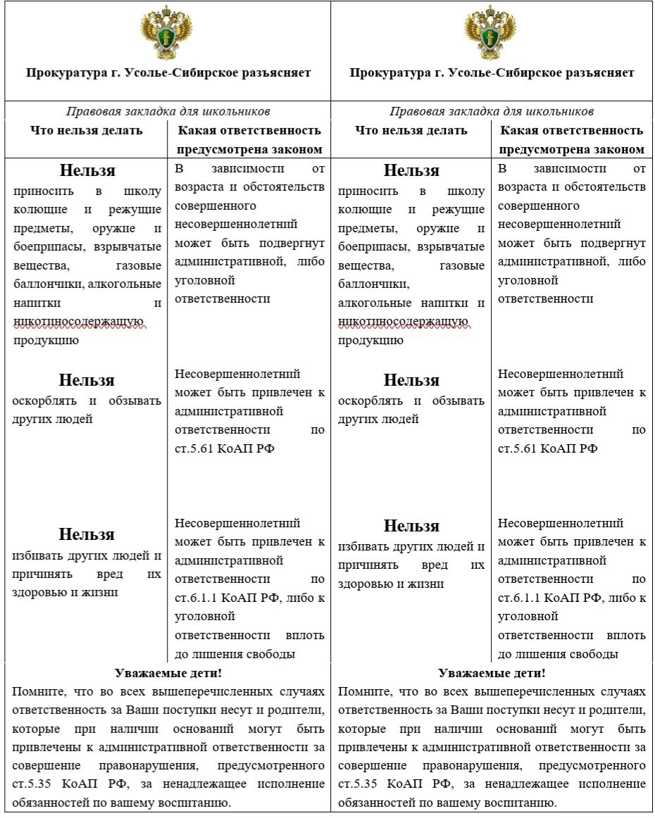 Правовая закладка для школьников.